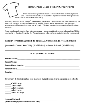 T sweater how forms - Sixth Grade Class T-Shirt Order Form - fcps