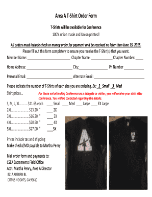 T shirt order form template - Area A T-Shirt To Formular - CSEA